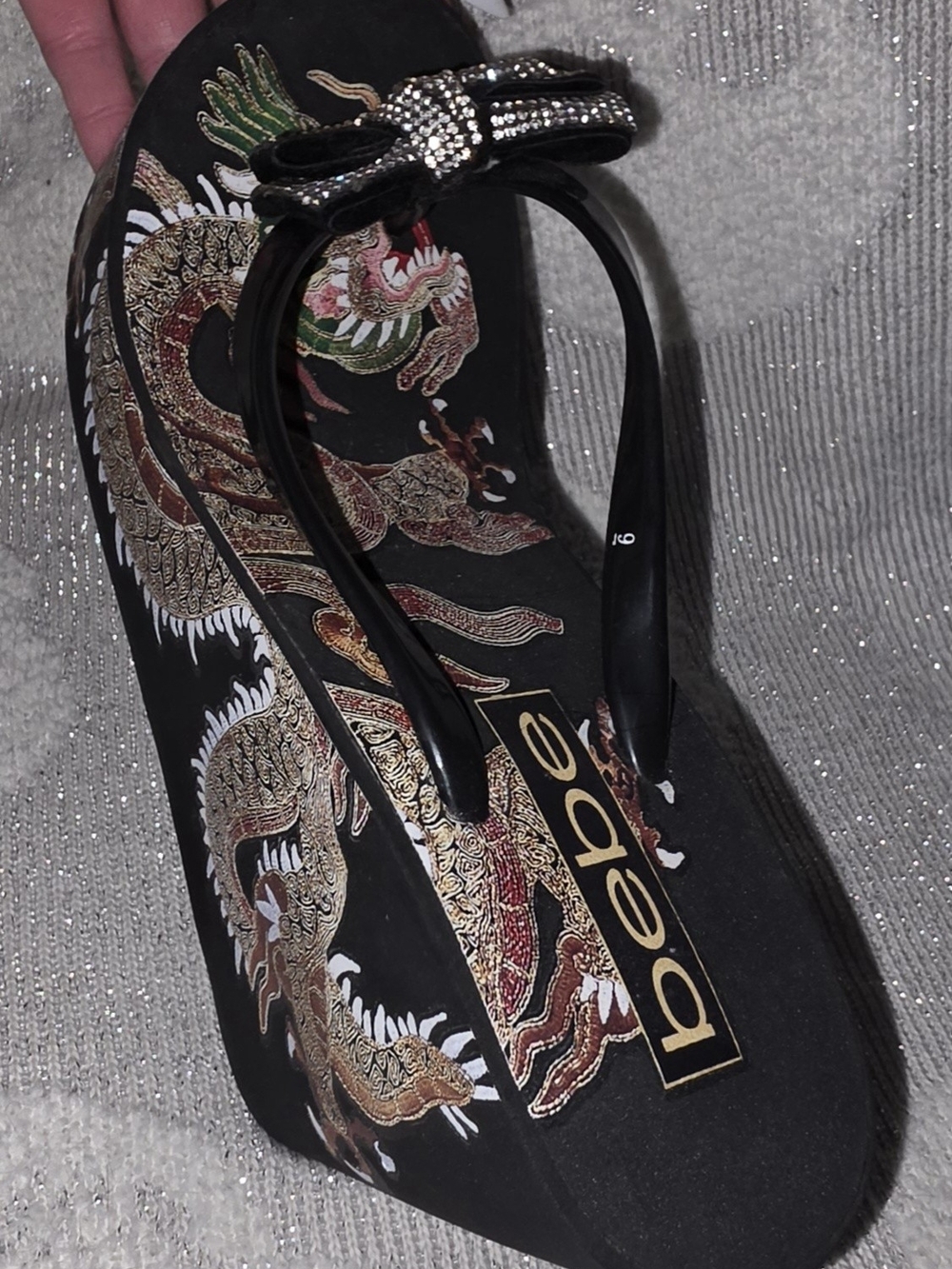 bebe Y2k Black Jeweled Dragon Wedge Flip Flops - Picture 4 of 5